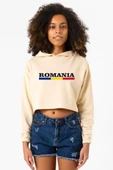 Romania Flag Lettern Bej Kadın Crop Kapşonlu thumbnail 1
