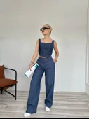 Kadın Denim Kare Yaka Bluz Mavi thumbnail 4