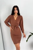 Dipmoda kadın kuşaklı kruvaze yaka örme elbise DPKKLF47 thumbnail 1