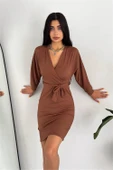 Dipmoda kadın kuşaklı kruvaze yaka örme elbise DPKKLF47 thumbnail 2