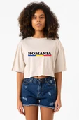 Romania Flag Lettern Bej Kadın Crop Tshirt thumbnail 1