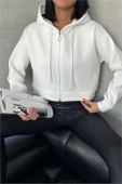 Dipmoda kadın kapüşonlu kısa sweatshirt DPGTS025 - Ekru thumbnail 1