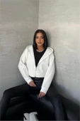 Dipmoda kadın kapüşonlu kısa sweatshirt DPGTS025 - Ekru thumbnail 3