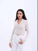 42531 TRİKO SİMLİ YAKALI CROP-EKRU thumbnail 3