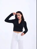 42531 TRİKO SİMLİ YAKALI CROP-SİYAH thumbnail 4