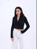 42531 TRİKO SİMLİ YAKALI CROP-SİYAH thumbnail 1