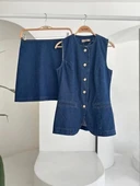 Kolsuz Yelekli Mini Etekli Denim Takım 10164 thumbnail 10