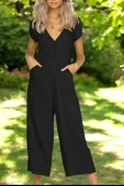V Yaka Kısa Paça Keten Tulum thumbnail 1
