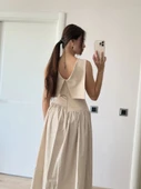 Arkası Kanatlı Uzun Elbise- Bej thumbnail 4