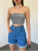 Kadın Duble Paça Yıkamalı Rahat Denim Şort thumbnail 3
