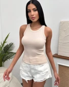 Kadın Esnek Crop Halter Yaka Fitilli Örme Bluz thumbnail 1
