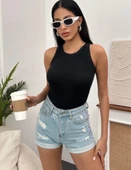 Kadın Esnek Crop Halter Yaka Fitilli Örme Bluz thumbnail 2