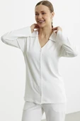 Gömlek Model Nakışlı Pijama Takım - Ekru thumbnail 3