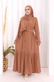 Pilise Detay Elbise ŞAL HEDİYE   6039 Taba thumbnail 1