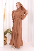 Pilise Detay Elbise ŞAL HEDİYE   6039 Taba thumbnail 2