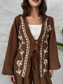 Kahve Nakış İşlemeli Müslin Kimono thumbnail 2