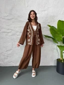 Kahve Nakış İşlemeli Müslin Kimono thumbnail 3