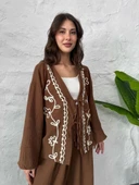 Kahve Nakış İşlemeli Müslin Kimono thumbnail 1