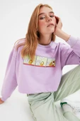 Lila Lisanslı Garfield Baskılı Crop Örme İnce Sweatshirt thumbnail 2