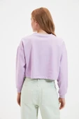 Lila Lisanslı Garfield Baskılı Crop Örme İnce Sweatshirt thumbnail 4