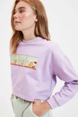 Lila Lisanslı Garfield Baskılı Crop Örme İnce Sweatshirt thumbnail 1
