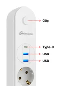 Techmaster 2 Usb+Type-C Akım Çocuk Korumalı 4lü Priz 2mt Beyaz thumbnail 3