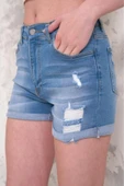 Kadın Likralı Duble Paça Yıpratmalı Denim Mini Şort thumbnail 4
