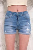 Kadın Likralı Duble Paça Yıpratmalı Denim Mini Şort thumbnail 9