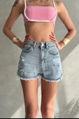 Püsküllü Yırtık Detaylı Denim Mini Şort thumbnail 1