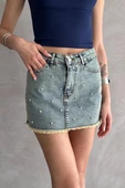 Taşlı Püsküllü Eskitme Mini Denim Etek thumbnail 1