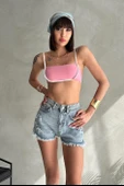 Püsküllü Yırtık Detaylı Denim Mini Şort thumbnail 2