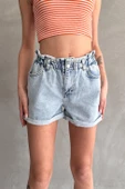 Beli Lastikli Pileli Duble Paça Denim Şort thumbnail 1