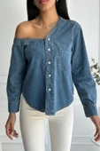 Kadın Regular Tek Omuz Denim Mavi Gömlek thumbnail 9