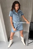 Kemerli Kısa Kol Denim Elbise thumbnail 4