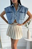 Kadın Crop Oversize Mavi Denim Yelek thumbnail 5