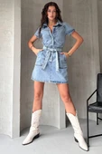 Kemerli Kısa Kol Denim Elbise thumbnail 5