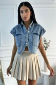 Kadın Crop Oversize Mavi Denim Yelek thumbnail 3