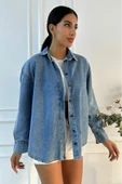 Kadın Oversize Mavi Denim Gömlek thumbnail 10