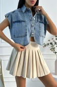 Kadın Crop Oversize Mavi Denim Yelek thumbnail 11