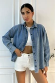Kadın Oversize Mavi Denim Gömlek thumbnail 9