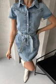 Kemerli Kısa Kol Denim Elbise thumbnail 1
