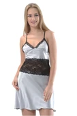 Gri Dantelli Saten Gecelik - M-386 thumbnail 2