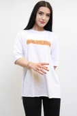 Moda Çizgi Bisiklet Yaka Oversize Tshirt Beyaz thumbnail 2
