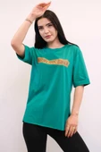 Moda Çizgi Bisiklet Yaka Oversize Tshirt Yeşil thumbnail 3