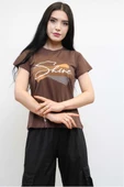 Moda Çizgi Shine Baskılı Tshirt Kahve thumbnail 2