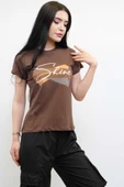 Moda Çizgi Shine Baskılı Tshirt Kahve thumbnail 3
