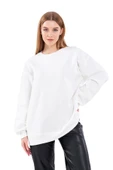 Ekru Kadın Pamuklu Oversize Basic Bisiklet Yaka Sweatshirt thumbnail 1