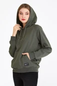 Kadın Haki Kapüşonlu Basic Örme Sweatshirt thumbnail 3