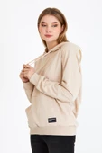 Kadın Bej Kapüşonlu Basic Örme Sweatshirt thumbnail 3