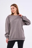 Kahve Kadın Pamuklu Oversize Basic Bisiklet Yaka Sweatshirt thumbnail 2